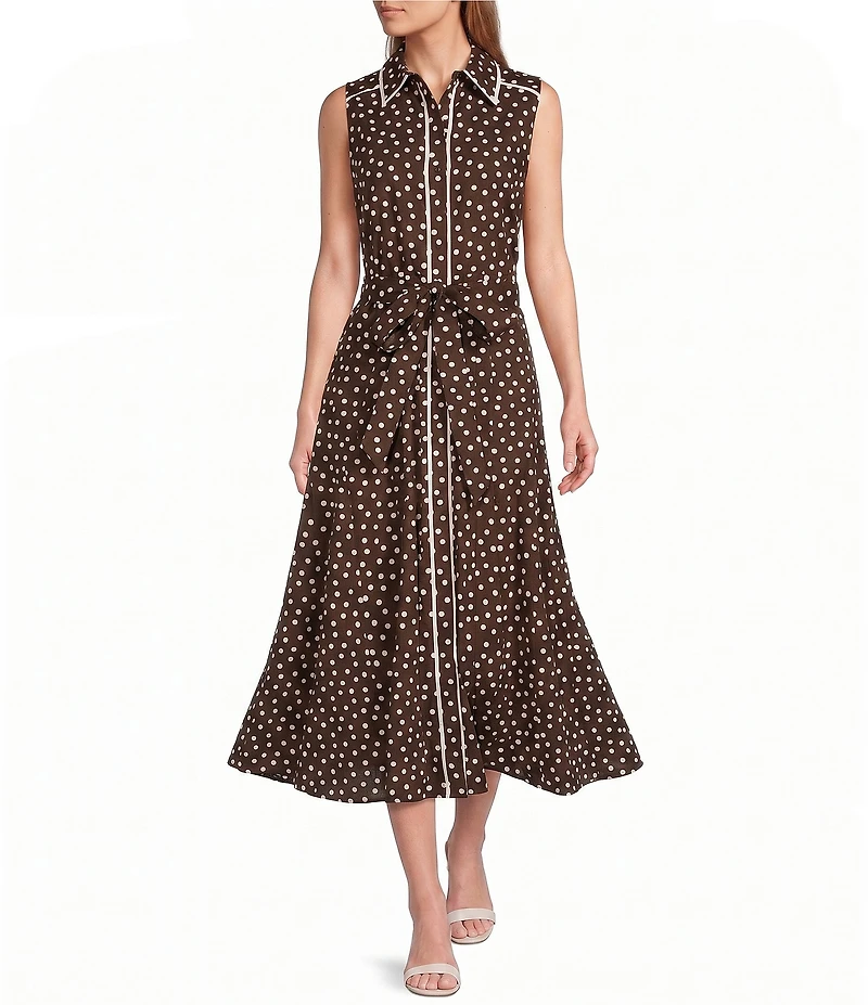 Anne Klein Sleeveless Dotted Shirt Dress With Self Tie