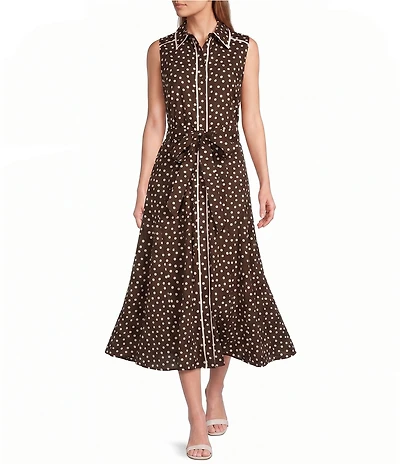 Anne Klein Sleeveless Dotted Shirt Dress With Self Tie