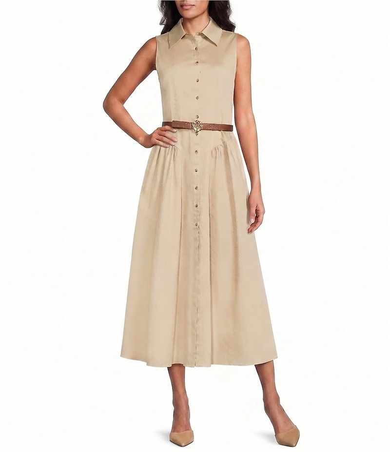 Anne Klein Sleeveless Drop Waist Belted Shirt Dress