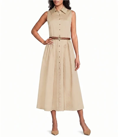 Anne Klein Sleeveless Drop Waist Belted Shirt Dress