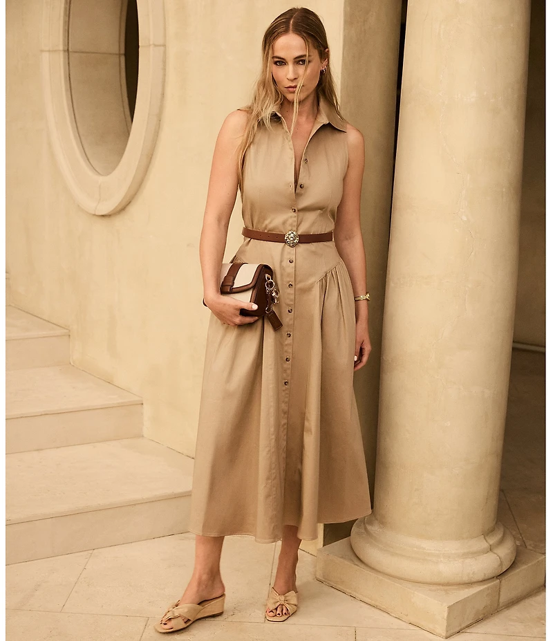 Anne Klein Sleeveless Drop Waist Belted Shirt Dress