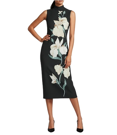 Anne Klein Sleeveless Mock Neck Floral Scuba Sheath Midi Dress