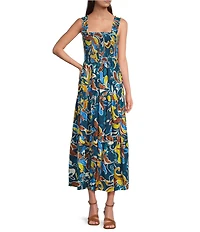 Anne Klein Smocked Bodice Eyelet Square Neck Sleeveless A-Line Maxi Dress