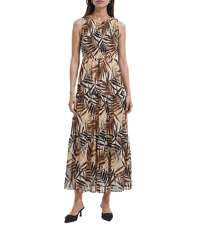 Anne Klein Smocked Bodice Printed Sleeveless Maxi Dress