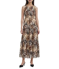 Anne Klein Smocked Bodice Printed Sleeveless Maxi Dress