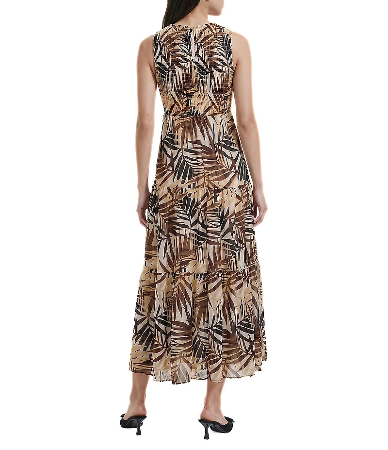 Anne Klein Smocked Bodice Printed Sleeveless Maxi Dress