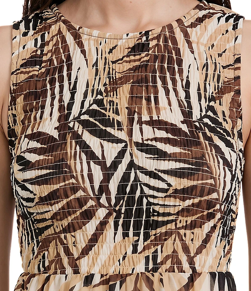 Anne Klein Smocked Bodice Printed Sleeveless Maxi Dress