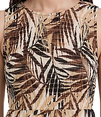 Anne Klein Smocked Bodice Printed Sleeveless Maxi Dress