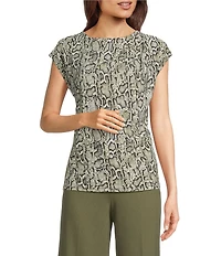 Anne Klein Snake Print Round Neck Pleated Short Sleeve Blouse
