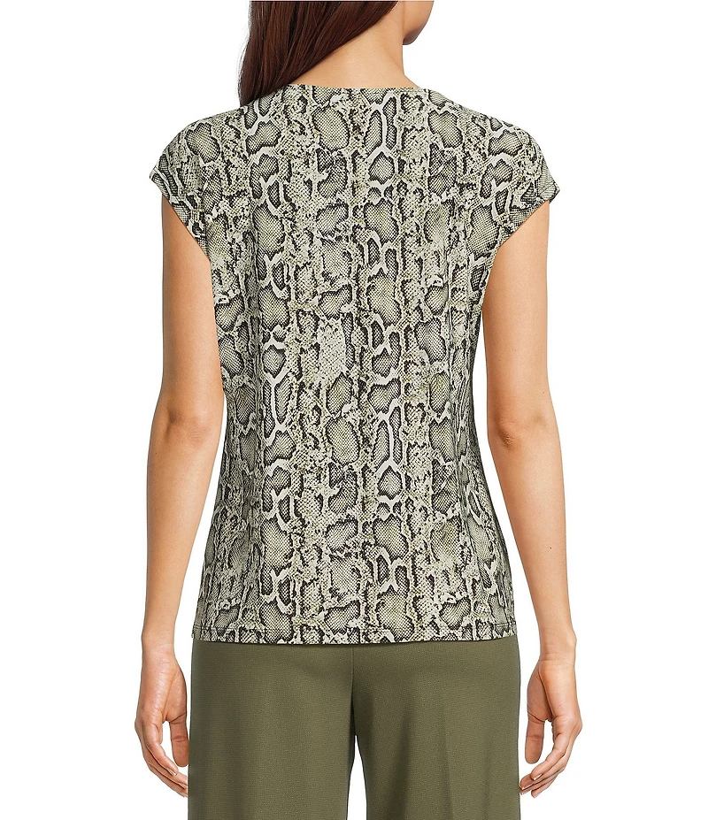 Anne Klein Snake Print Round Neck Pleated Short Sleeve Blouse