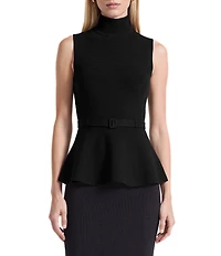 Anne Klein Solid Belted Mock Neck Peplum Top