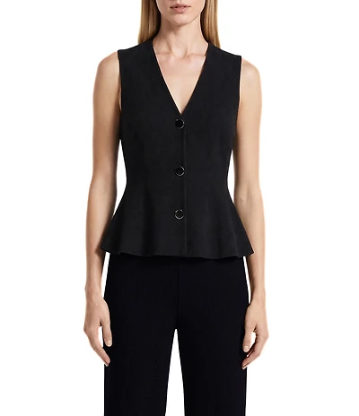 Anne Klein Solid V-Neck Sleeveless Button Front Peplum Vest