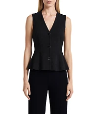 Anne Klein Solid V-Neck Sleeveless Button Front Peplum Vest