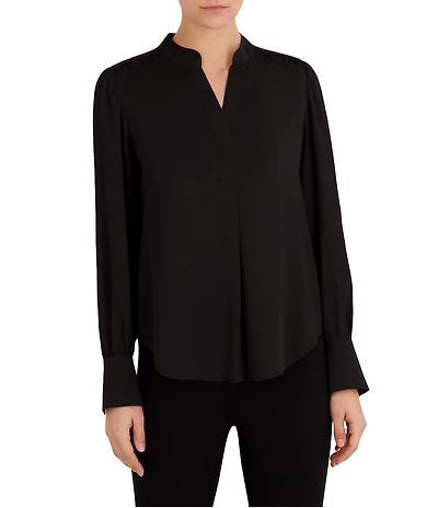 Anne Klein Split V Neck Long Sleeve Textured Crepe De Chine Top