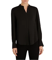 Anne Klein Split V Neck Long Sleeve Textured Crepe De Chine Top