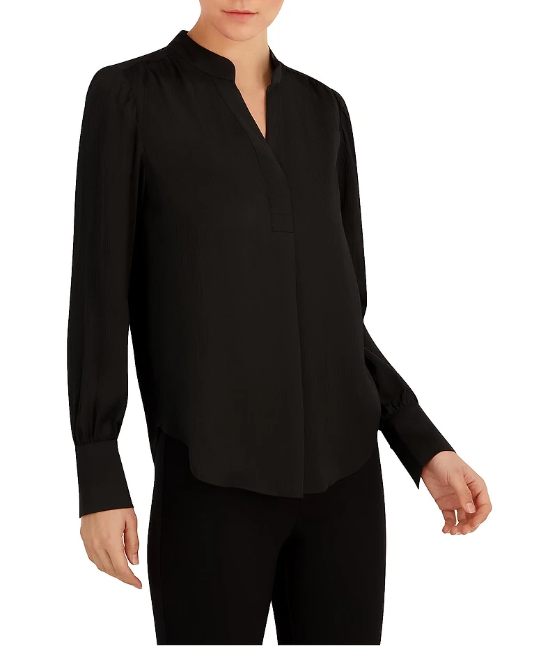 Anne Klein Split V Neck Long Sleeve Textured Crepe De Chine Top