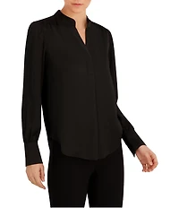 Anne Klein Split V Neck Long Sleeve Textured Crepe De Chine Top