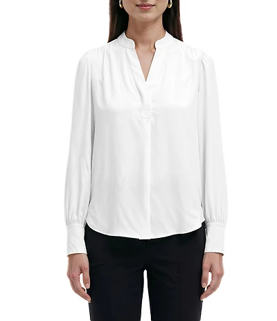 Anne Klein Split V Neck Long Sleeve Textured Crepe De Chine Top