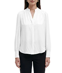 Anne Klein Split V Neck Long Sleeve Textured Crepe De Chine Top