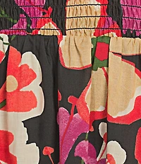 Anne Klein Square Neck Puff Sleeve Smocked Floral Printed Cotton Voile A-Line Midi Dress