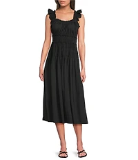 Anne Klein Square Neck Sleeveless Smocked Cotton Poplin Maxi Dress
