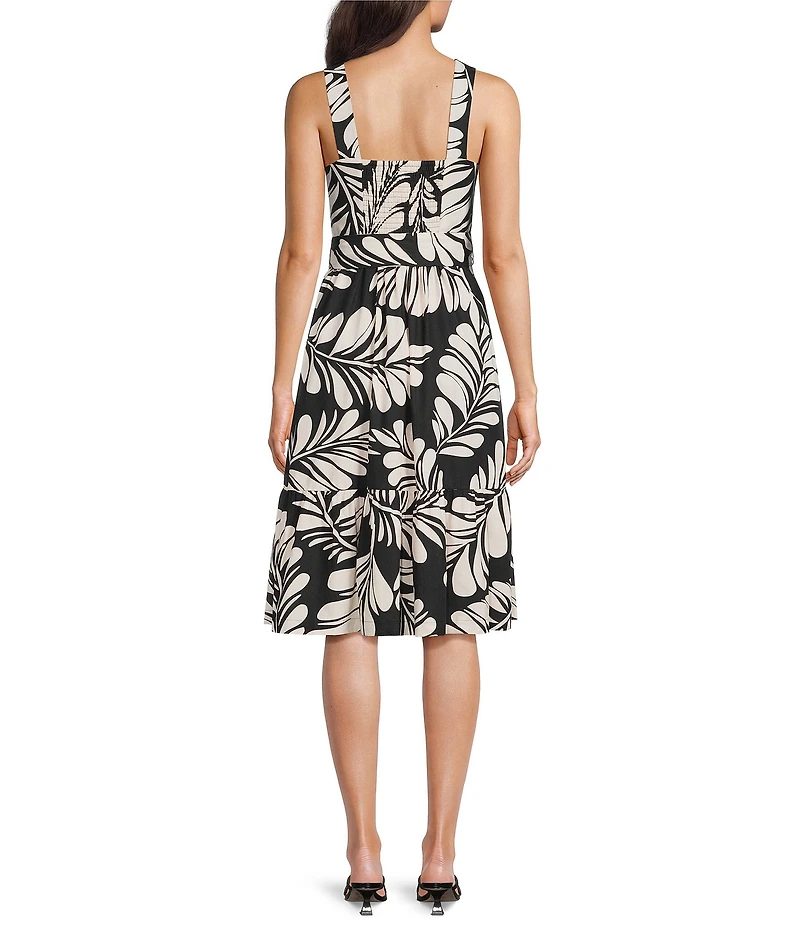 Anne Klein Square Neck Sleeveless Tropical Palm Print Linen Blend Ruffle Hem Shift Dress