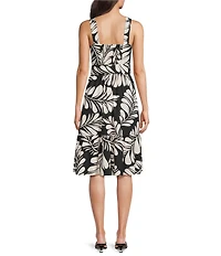 Anne Klein Square Neck Sleeveless Tropical Palm Print Linen Blend Ruffle Hem Shift Dress