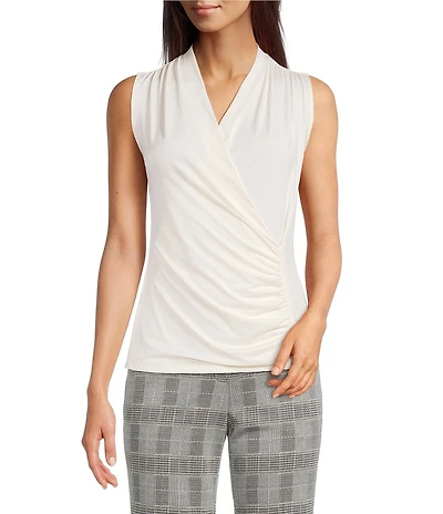 Anne Klein Stretch Knit Surplice V-Neck Sleeveless Shirred Bodice Top