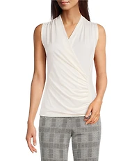 Anne Klein Stretch Knit Surplice V-Neck Sleeveless Shirred Bodice Top