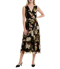 Anne Klein Surplice Tiered Printed Mesh Midi Dress