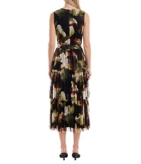 Anne Klein Surplice Tiered Printed Mesh Midi Dress