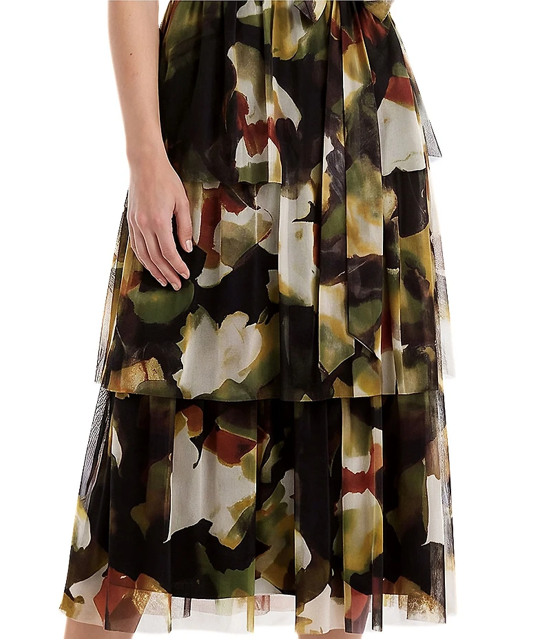 Anne Klein Surplice Tiered Printed Mesh Midi Dress