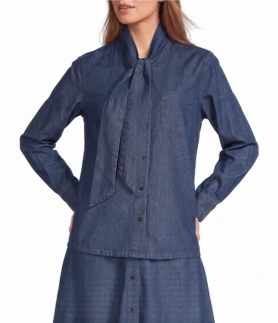 Anne Klein Tie Neck Chambray Button Down Blouse