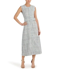 Anne Klein Tweed Crew Neck Sleeveless Belted Fringed Seamed Midi Dress