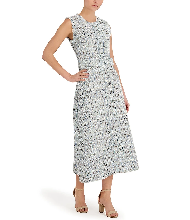 Anne Klein Tweed Crew Neck Sleeveless Belted Fringed Seamed Midi Dress
