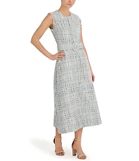 Anne Klein Tweed Crew Neck Sleeveless Belted Fringed Seamed Midi Dress