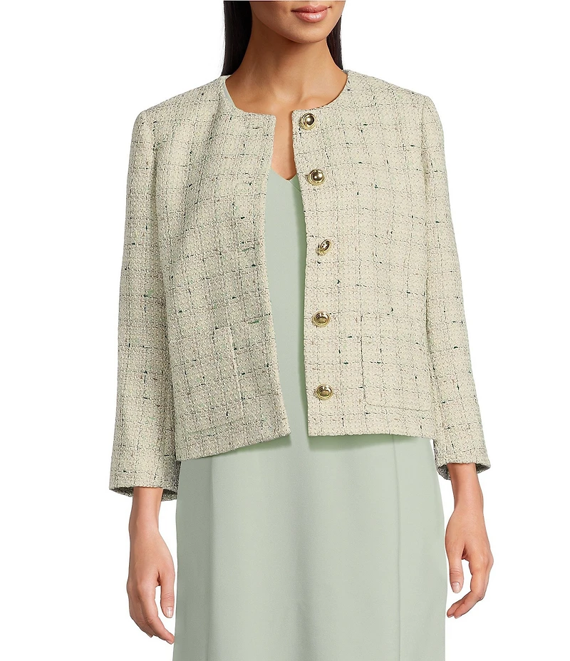 Anne Klein Tweed Round Neck Collarless Jacket