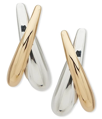 Anne Klein Two Tone Puffy Criss Cross Button Hoop Earrings