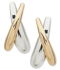 Anne Klein Two Tone Puffy Criss Cross Button Hoop Earrings