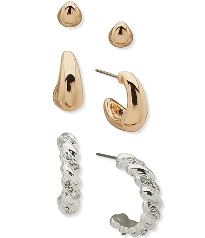 Anne Klein Two Tone Puffy Twist Trio Hoop Earring Set