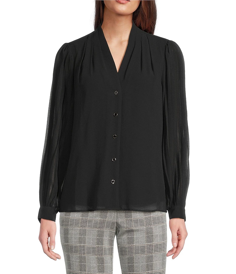 Anne Klein V-Neck Button Front Pleated Long Sleeve Chiffon Blouse