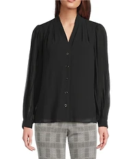 Anne Klein V-Neck Button Front Pleated Long Sleeve Chiffon Blouse