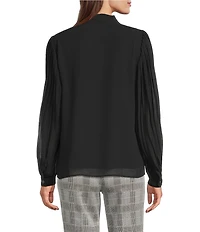 Anne Klein V-Neck Button Front Pleated Long Sleeve Chiffon Blouse