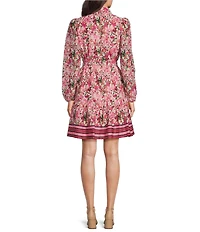 Anne Klein Voile Floral Print Point Collar Neck Long Sleeve Waist Tie Button Front Shirt Mini Dress