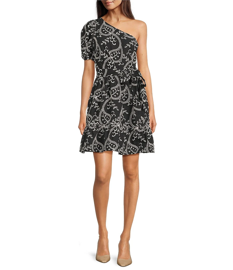 Anne Klein Voile One Shoulder Puff Sleeve Short dress