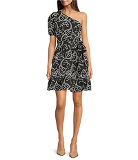 Anne Klein Voile One Shoulder Puff Sleeve Short dress