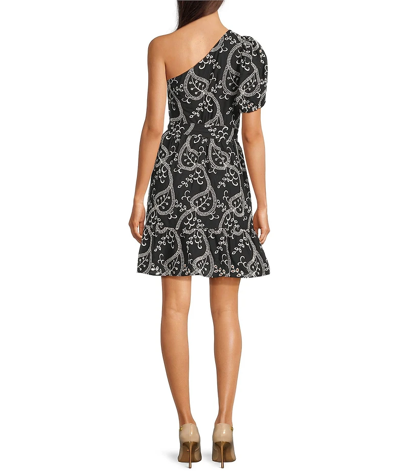 Anne Klein Voile One Shoulder Puff Sleeve Short dress