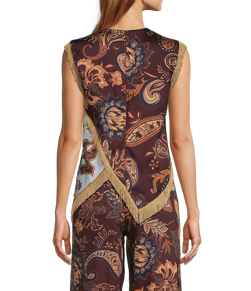 Antonio Melani Alaia Paisley Fringe Crew Neck Sleeveless Blouse