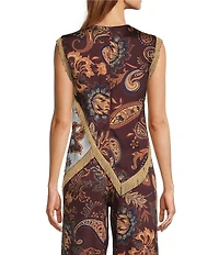 Antonio Melani Alaia Paisley Fringe Crew Neck Sleeveless Blouse