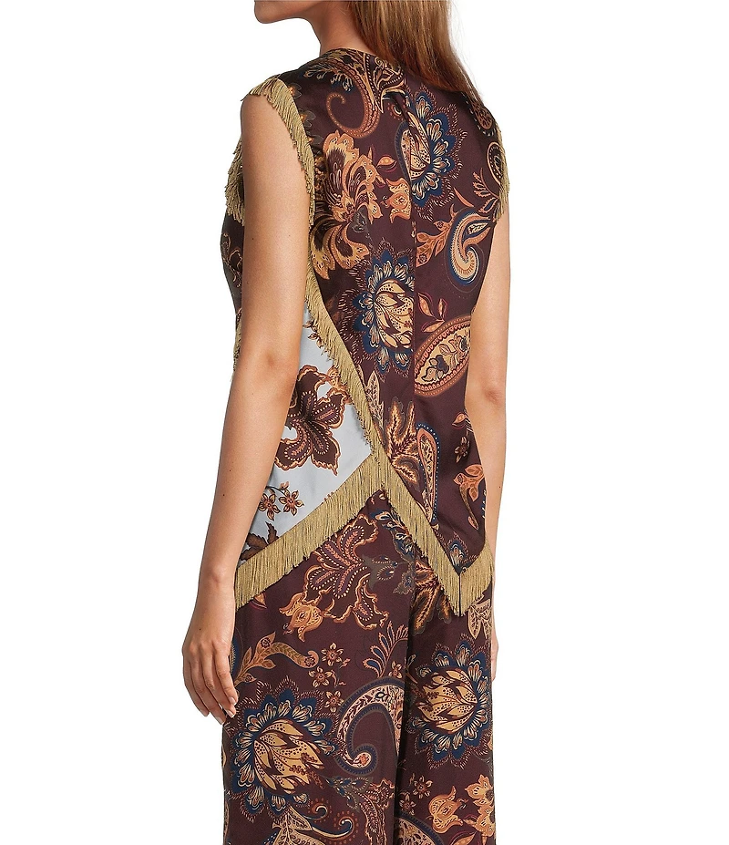 Antonio Melani Alaia Paisley Fringe Crew Neck Sleeveless Blouse
